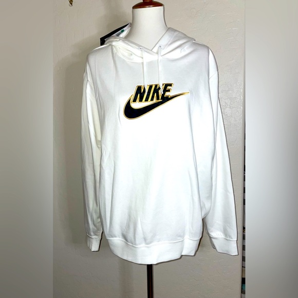 🎉HP🎉New! Nike Womens Logo Black/Gold Logo Fleece Hood Sweatshirt Cream Size XL🖤 - Picture 2 of 7